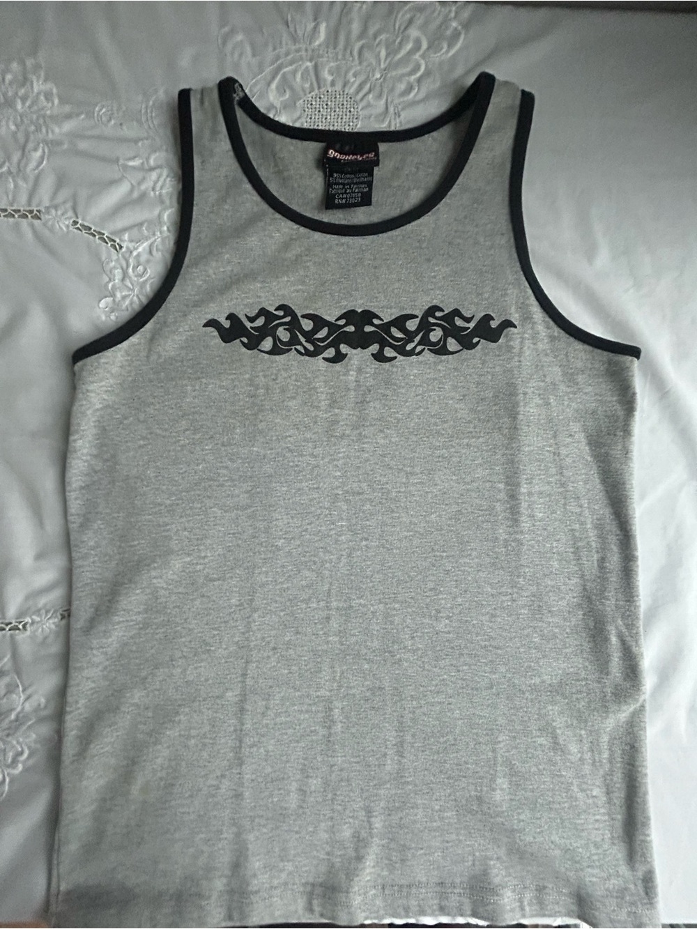 STARTER Grey Tank Top with Black Trim and Tribal Chest Design Vintage Y2K Grunge